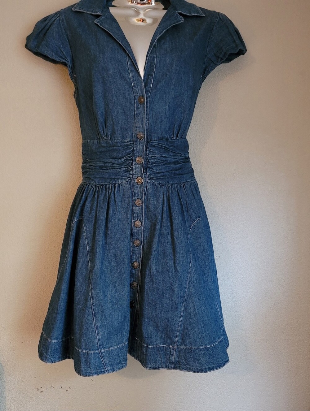 Free People Dark Blue Denim Button-Front Fit-and-Flare Mini Dress - Picture 2 of 13